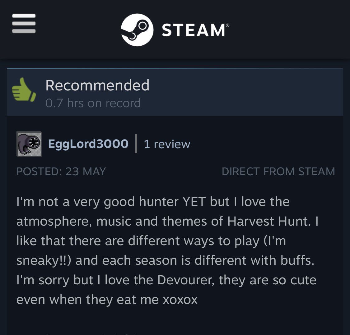 Some great early Steam reviews for Harvest Hunt as well!