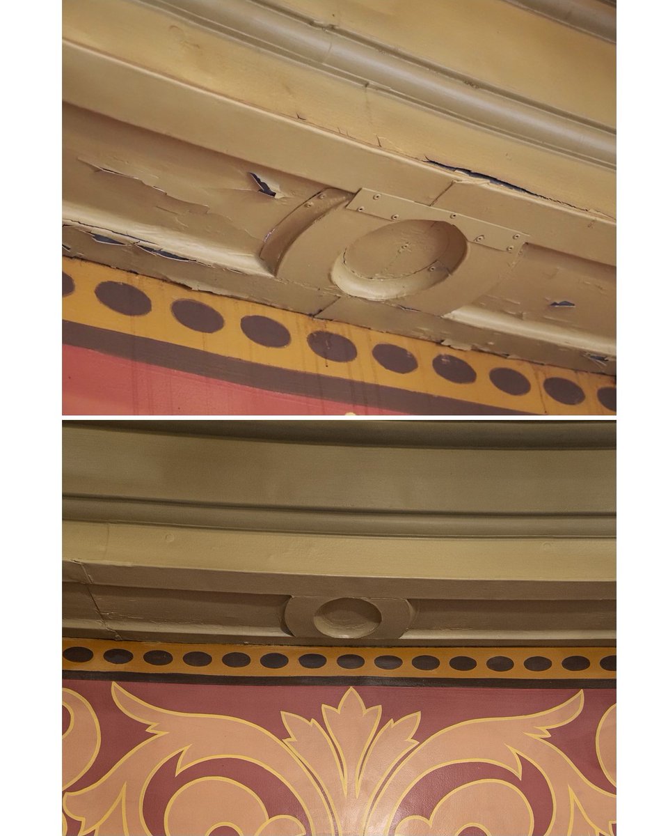 As the scaffolding comes down, we’d share some dramatic before and after shots from the rotunda art restoration. It can be hard to see the details from below, but ten months of cleaning and repairs makes a big difference!