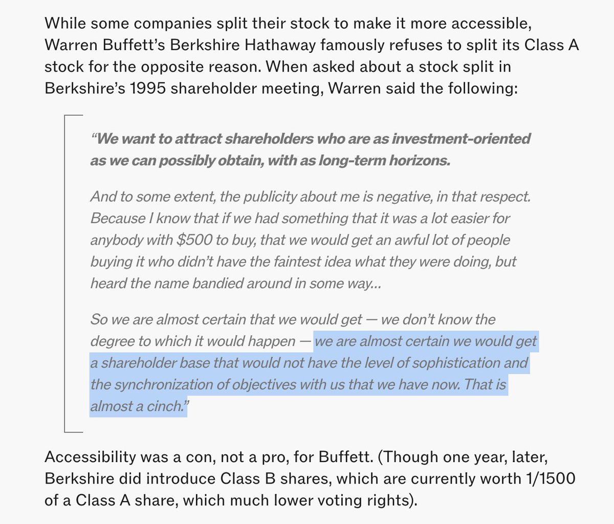 Big Tech loves stock splits because it makes their stock more accessible. Buffett avoided them because he thought it would make his shareholder base dumber. GOAT sherwood.news/markets/nvidia…