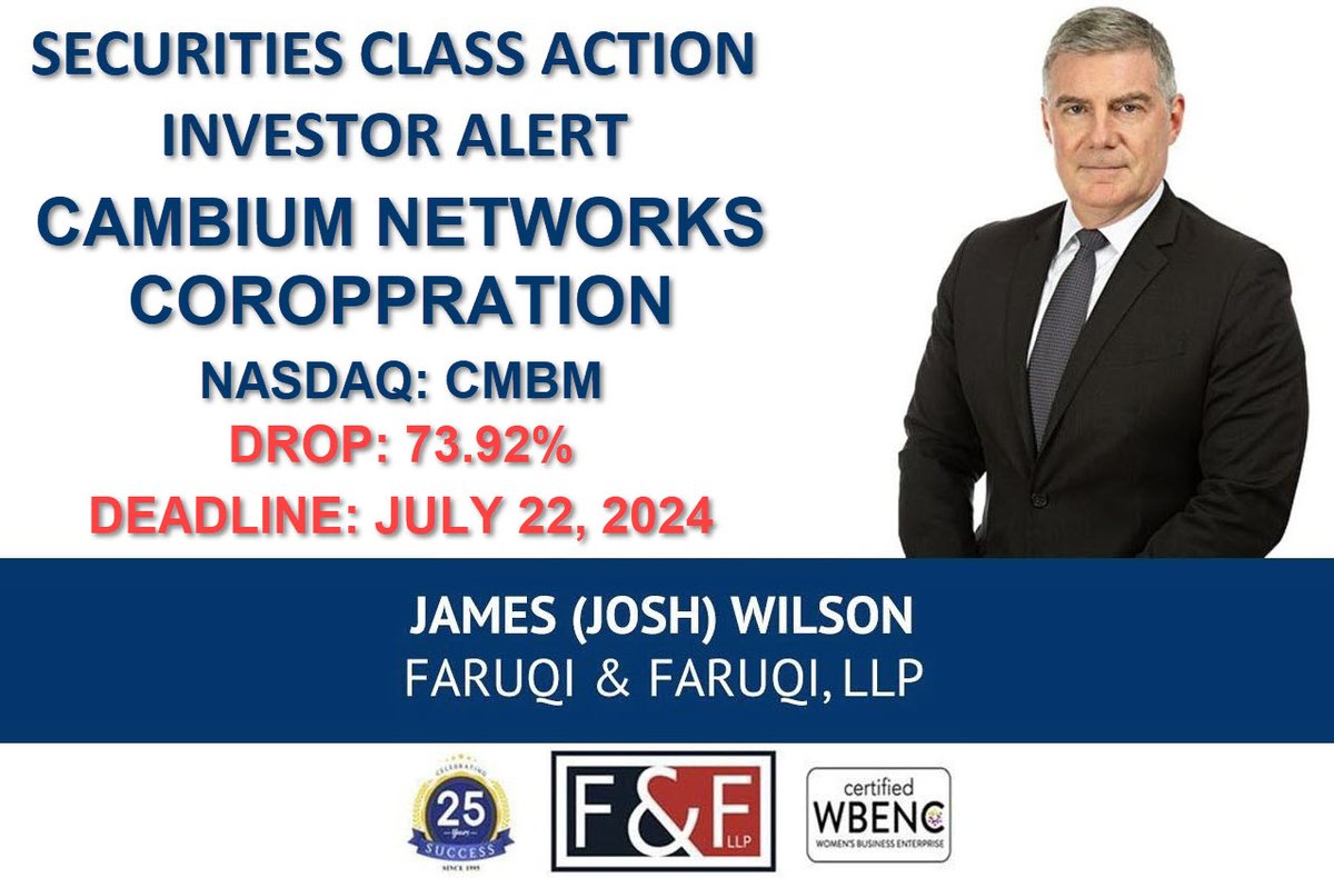 Cambium Networks Corporation Class Action Lawsuit $CMBM       

Cambium Networks Deadline: July 22, 2024            

Learn More Here: faruqilaw.com/CMBM

#faruqilaw #NASDAQ #NASDAQListed #stocks #stockmarketnews #StocksInNews #investing