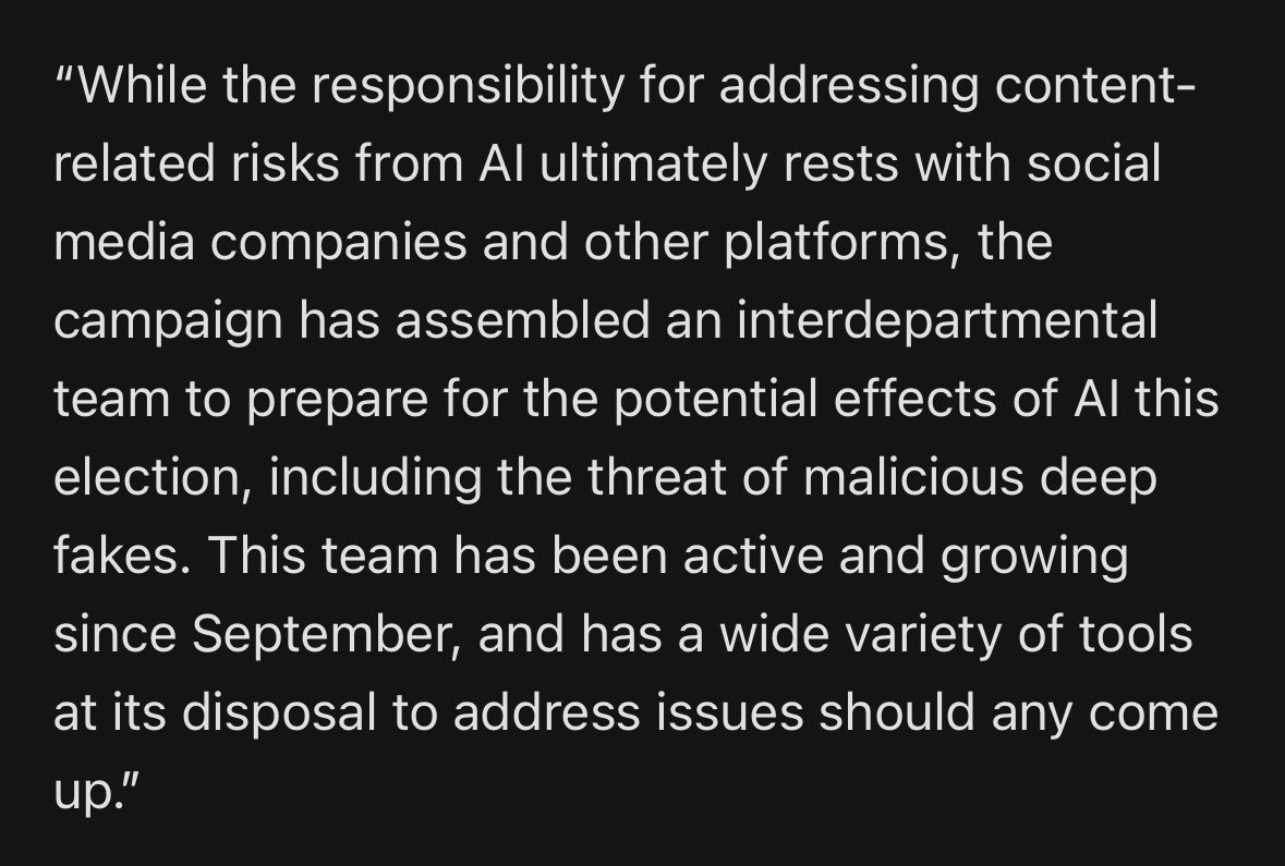 The Biden campaign tells @scrippsnews that they have a whole interdepartmental team assembled to handle potential effects of AI on this election cycle. This is from @MiaEhrenberg: