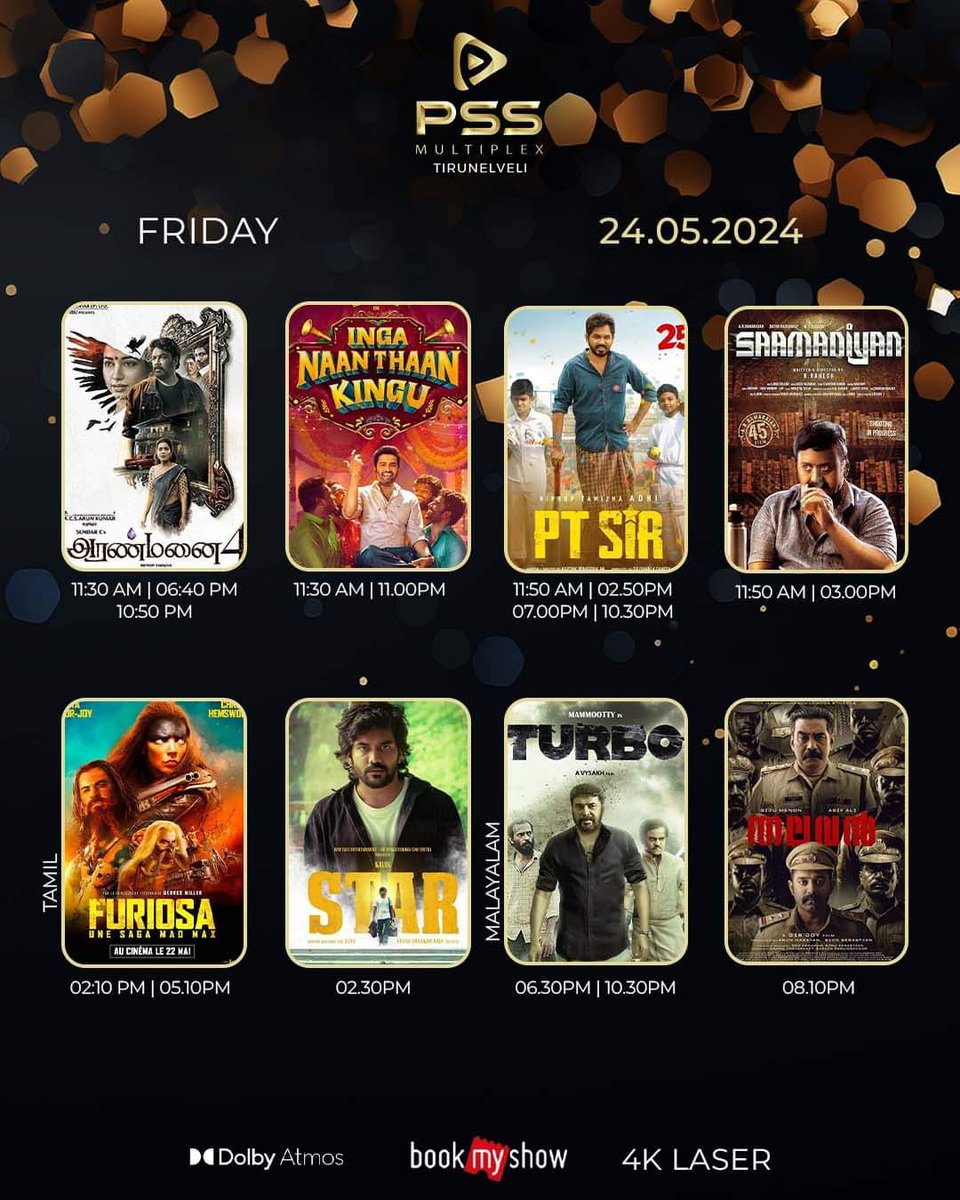 Movie timings for tomorrow movies at PSS Multiplex, tirunelveli. Book your tickets now at the box office and book my show app. #newmovies #Weekendreleases #pssmultiplex #tirunelveli.