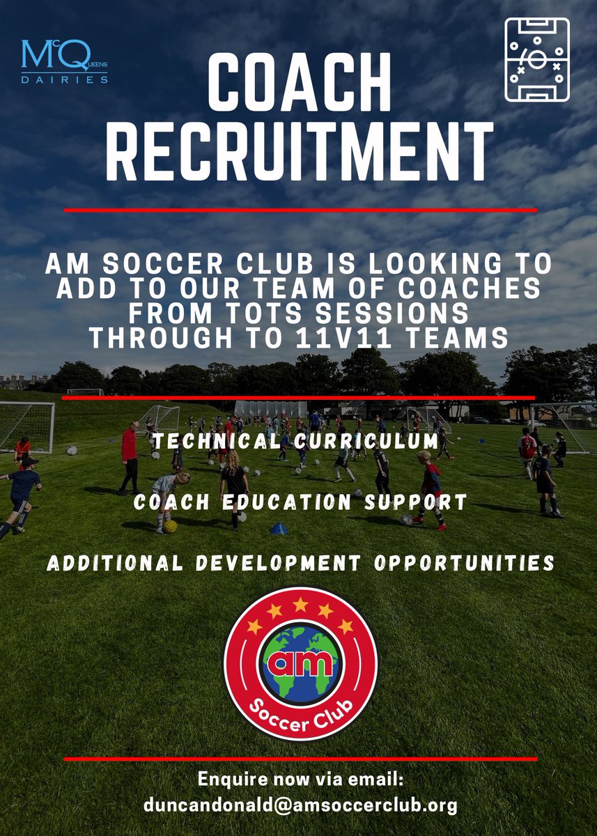 AMsoccer_Club's tweet photo. 📣 Join our dynamic team at AM Soccer Club and help shape the future of young athletes. 
From Tots sessions to 11v11 teams, we offer a comprehensive technical curriculum, coach education support, and additional development opportunities. 🌟
Email: duncandonald@amsoccerclub.org https://t.co/hZjIstlXpW