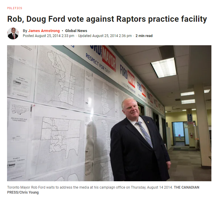 #ONpoli #TOpoli Reminder: Rob Ford and Doug Ford were the only 2 people on city council who voted against letting the Raptors build the OVO Centre.