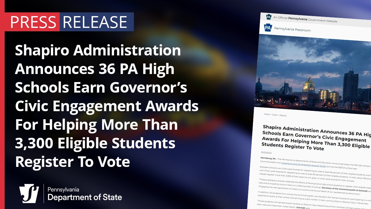 Shapiro Administration: 36 PA high schools earned Governor's Civic Engagement Awards for helping more than 3,300 eligible students register to vote. Read more: media.pa.gov/Pages/State-de…