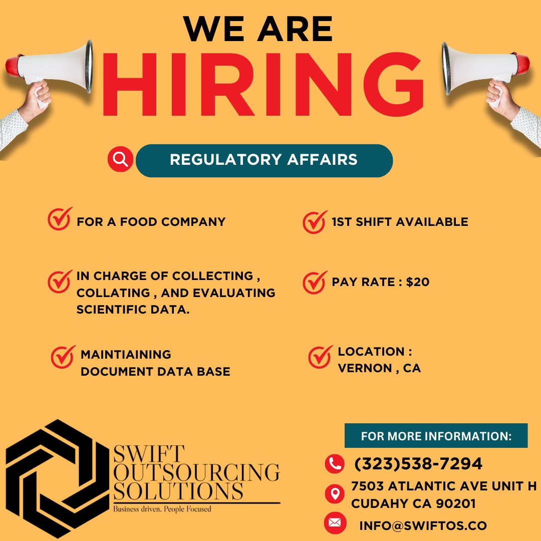 WE ARE HIRING FOR REGULATORY AFFAIRS ! #APPLYNOW #STAFFINGAGENCY #SOS #SWIFTOUTSOURCONGSOLUTIONS #EXPERIENCEREQUIRED #FYP #LOOKINGFORAJOB #APPLYTODAY #LOSANGELES #JOBS