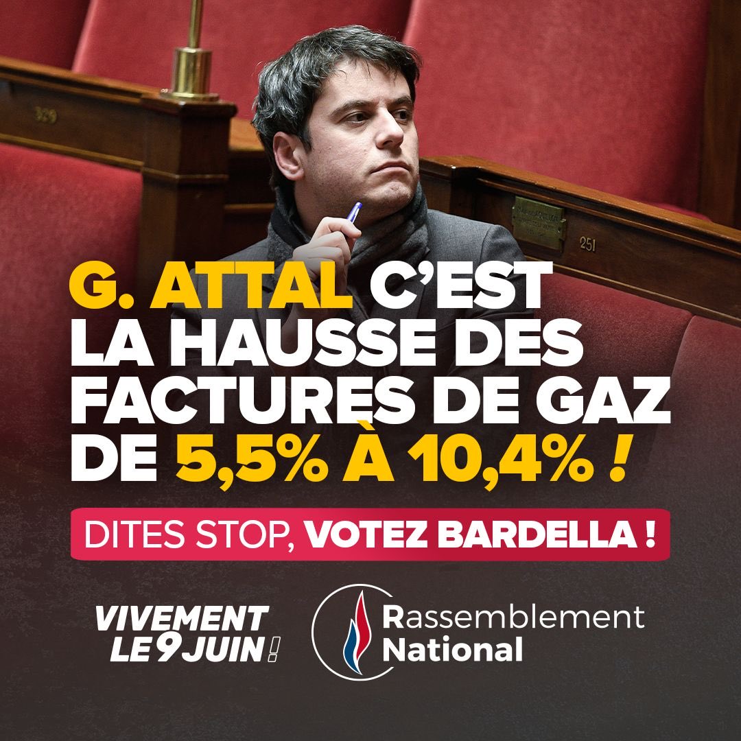 🔵 Avec Attal, c’est la hausse des factures de gaz de 5,5% à 10,4 % ! Les conséquences financières sont directes pour les ménages français se chauffant au gaz. C'est une pression fiscale supplémentaire alors que l'inflation persiste. #Levenement