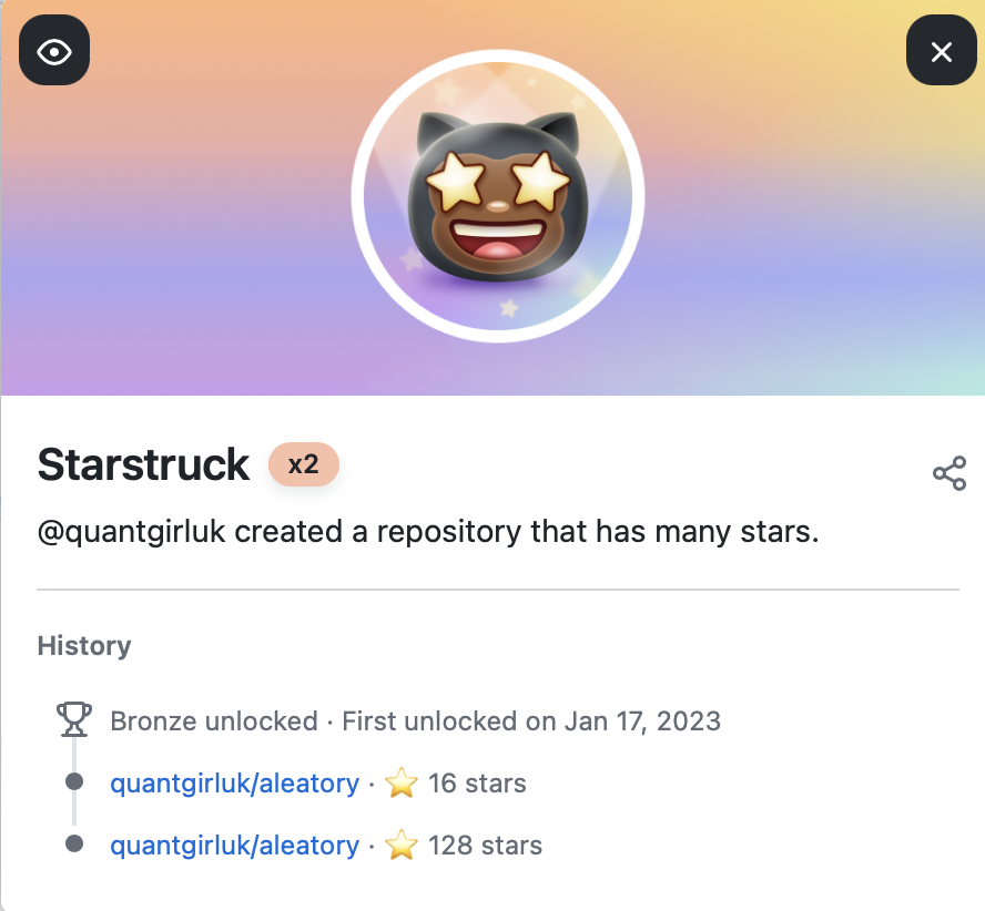 Quant_Girl's tweet photo. Super happy to share that I just unlocked the bronze #Starstruck🥉 badge in GitHub!
Thanks for supporting my project #aleatory📦A Python 🐍 library for Stochastic Processes Simulation and Visualisation: https://t.co/DAO5FrevrI
#WomenWhoCode https://t.co/uMB98PsIKg
