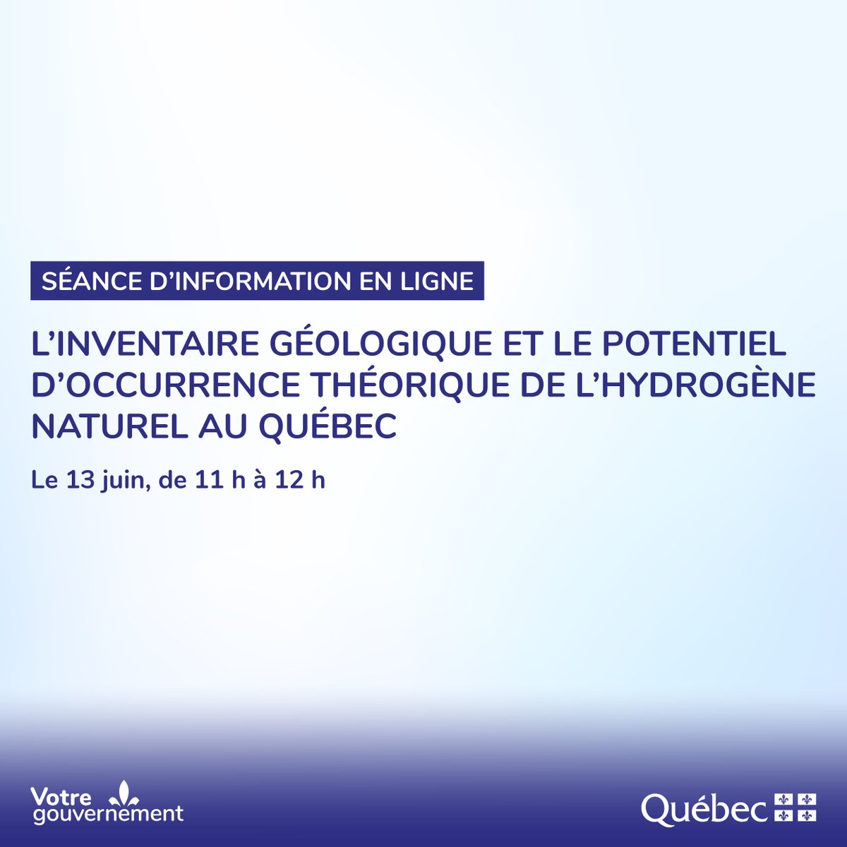 L’@inrsciences a réalisé une étude pour le compte du Ministère afin d’évaluer le potentiel en matière d’hydrogène naturel au Québec. Pour en savoir plus, participez à la séance d’information en ligne le 13 juin, de 11 h à 12 h! 👉bit.ly/3UU4iuf #hydrogène #énergie