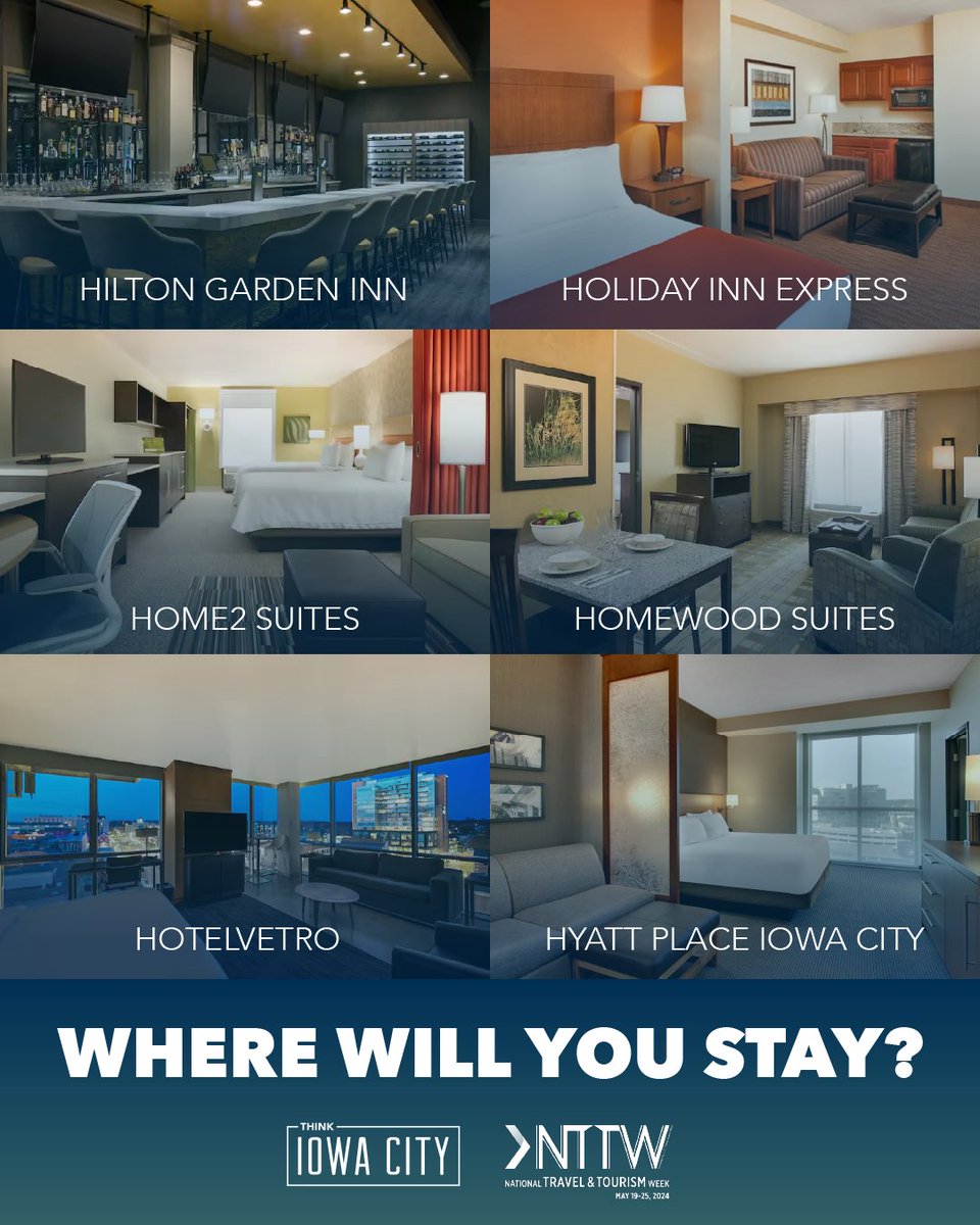 thinkiowacity's tweet photo. This National Travel and Tourism Week, we want to show our gratitude to our amazing hotel partners who make every visit to Johnson County exceptional. Whether you're here for adventure or relaxation, these accommodations ensure your stay is perfect. #NTTW24 #ThinkIowaCIty https://t.co/5PnFqFGnZb