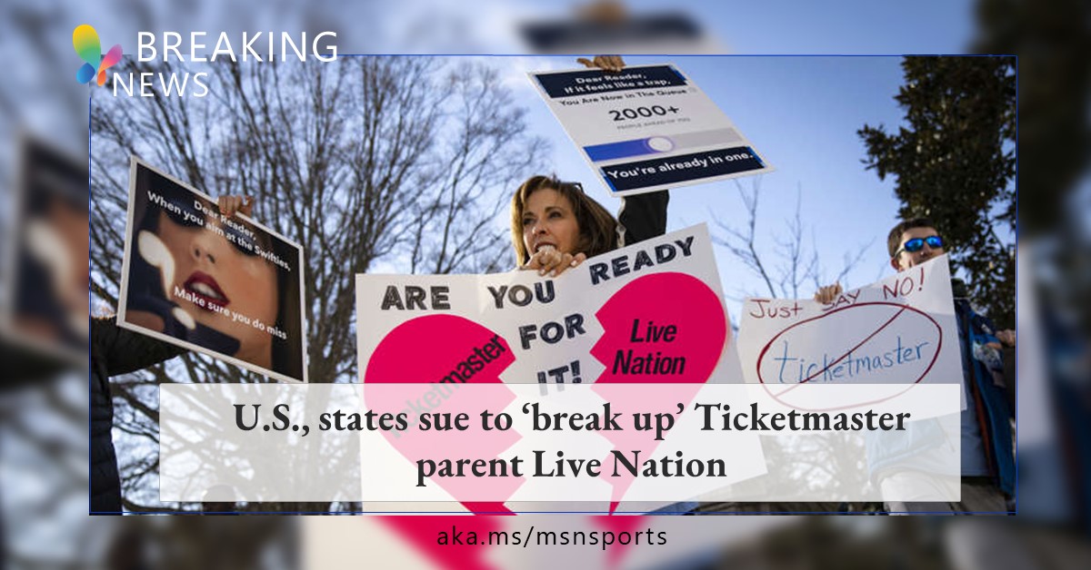 MSN's tweet photo. 🔴 U.S. government drops bombshell antitrust lawsuit against Live Nation Entertainment, Ticketmaster's parent company. Allegations of monopolistic power could shake up the concert industry. 💥🎟️ 
#AntitrustAction #ConcertRevolution"

https://t.co/tLGFfVp0L9 https://t.co/LsYzupOR23