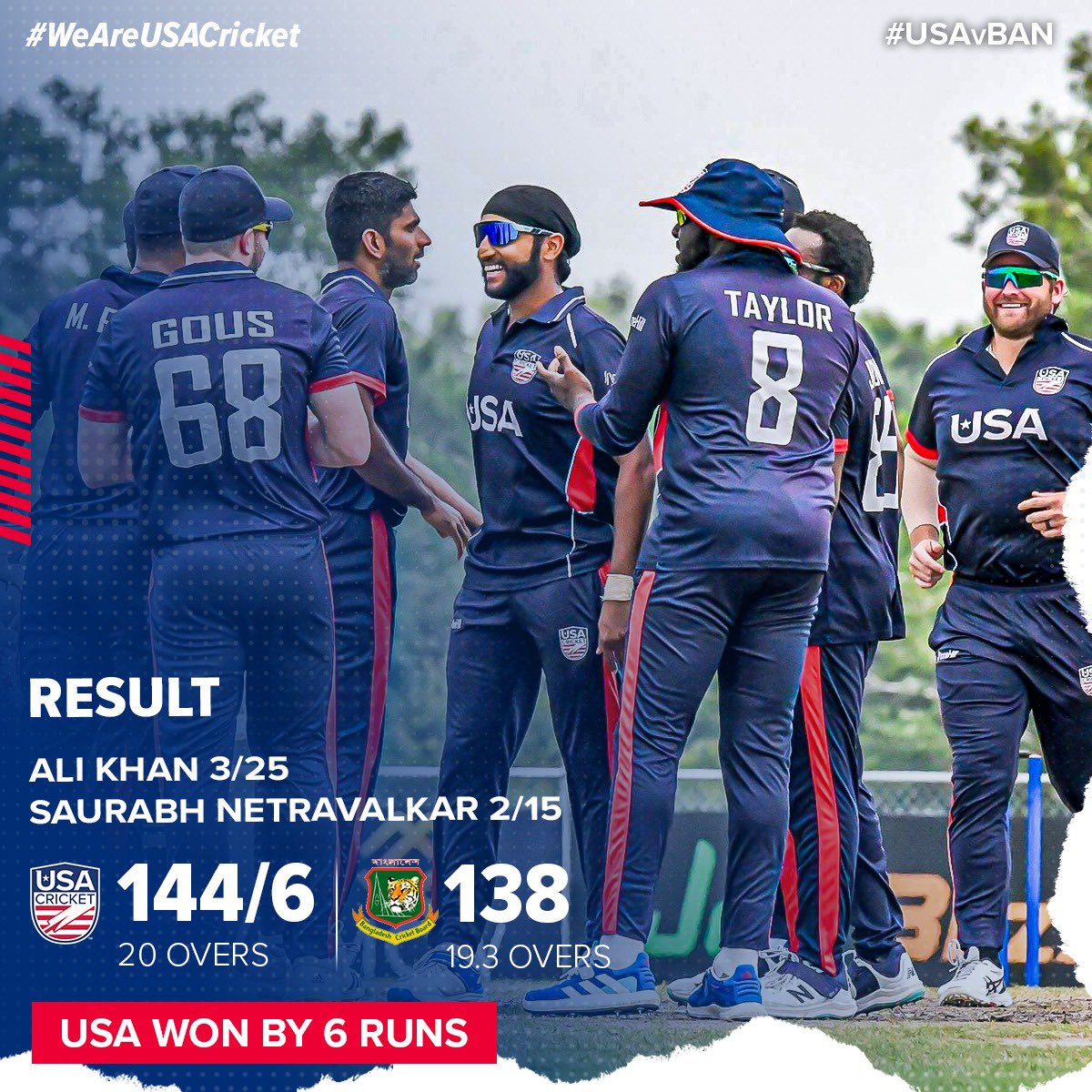 USA WIN THE SERIES 2-0! WHAT A HISTORIC MOMENT! 🇺🇸🔥

Stay tuned for the final match of the series on May 25th! 🏏

#USAvBAN