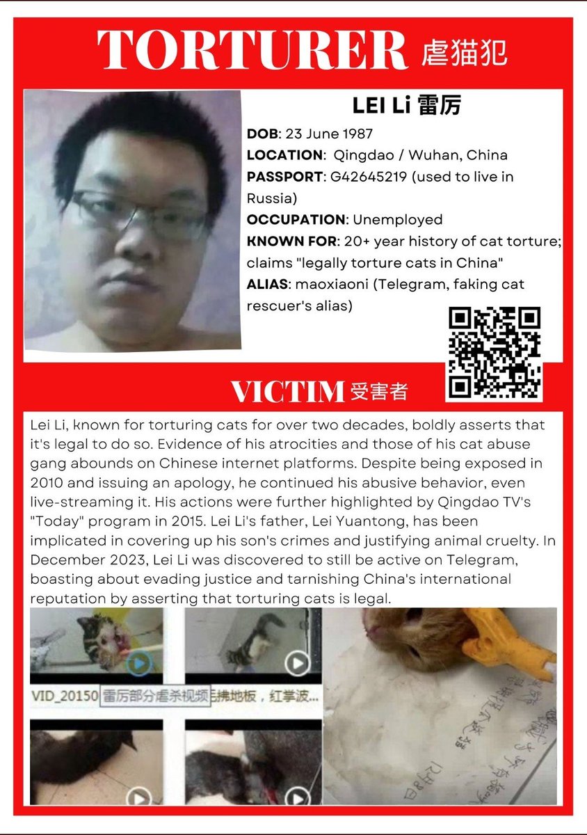 PhaedraXTeddy's tweet photo. Is #LeiLi actually happy, devoting his waking hours to eating, torturing and raping cats? #BoycottChina🇨🇳 they rejected a legislators request for #AnimalProtection laws this spring. Hope that legislator still exists. https://t.co/9DpLnAJJMW
