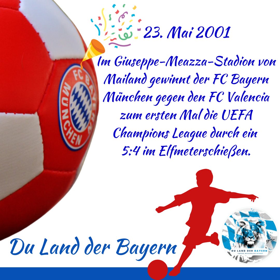 Heute ist ein historischer Tag für alle FC Bayern Fans! ⛹️‍♂️⛹️‍♂️ Am 23. Mai 2001 gewinnt der FC Bayern München gegen FC Valencia mit 5:4 im Elfmeterschießen und damit zum ersten Mal in seiner Geschichte die UEFA Champions League. 🎉🎉 Wer weiß, wer damals der Trainer war? #fcbayern