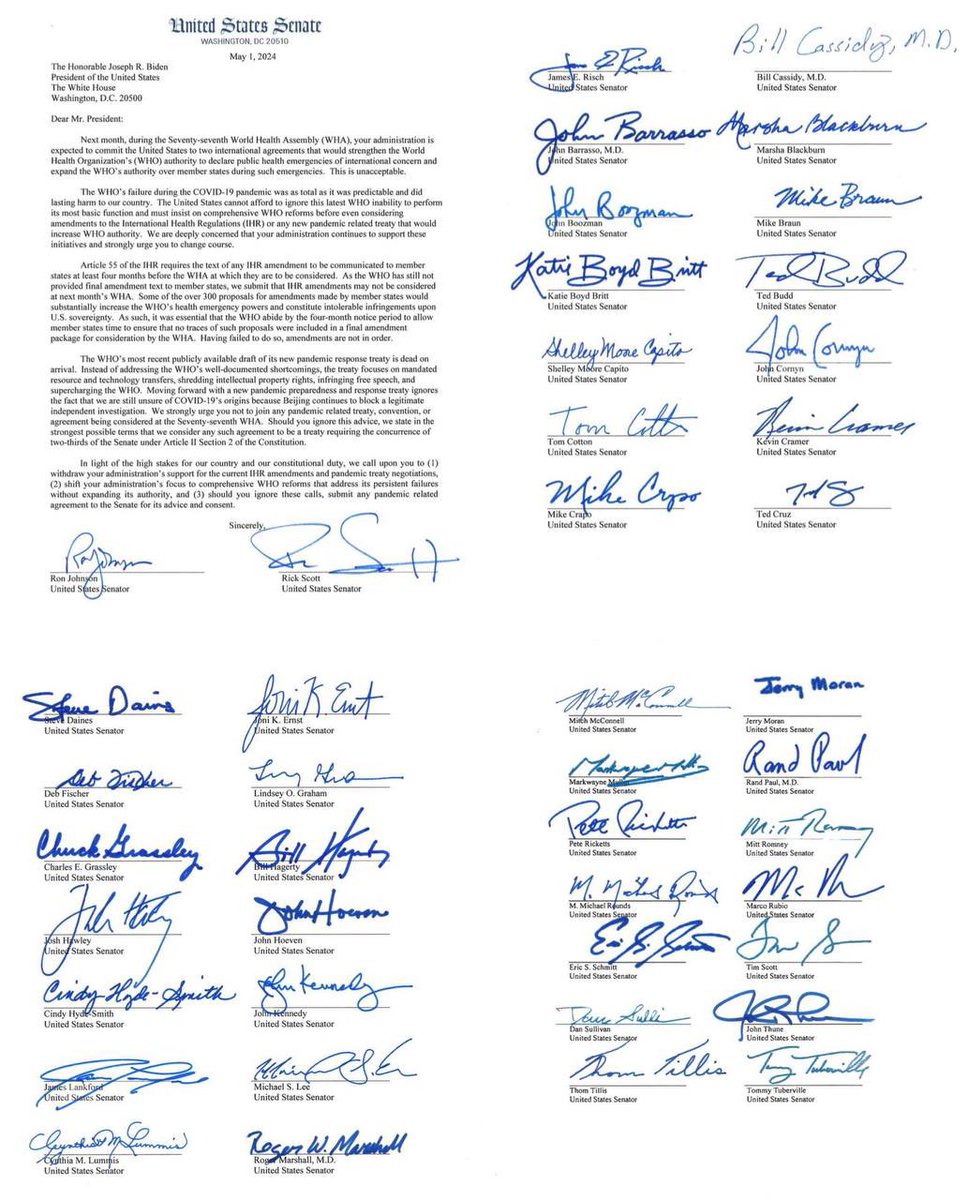 MJTruthUltra's tweet photo. Everyone needs to be talking about this…

The World Health Organization’s “Pandemic Treaty” is effectively a Coupé — And it’s taking place the end of THIS MONTH.

“We are in the middle of a coupé… we are facing the end of our national and our personal sovereignty..”

🔴 The World Health Organization has devised modifications to an already existing agreement

• These modifications will grant the WHO the authority to define what a public health emergency is…. Say Bird Flu, or Climate Change

• This modified agreement would give the Director General TOTAL liberty and powers over any nations signed onto the agreement.

• The WHO will be entitled to MANDATE remedies, such as.. 
— vaccines
— gene therapy technology 
— relocation due to climate change 
—— WEF: “A billion people will be displaced due to climate change”

• Those “Remedies” will dictate our ability to travel 
— in other words, if you don’t take our vaccine, you can’t fly, buy etc..

• The modified agreement will forbid the use of other medications (ie Ivermectin, hydroxychloroquine etc)

• The modified agreement would dictate how the above measures are discussed… meaning, for example, silence anyone with dissenting views against the WHO, such as podcaster, conservative news outlets, social media influencers etc.. 

The Covid Plandemic caused us to become aware of the structures built around us… these structures are the turn-key totalitarian state…. 

Now that it’s built, the key is turning and our individual & national sovereignty is at risk. 

FIGHT BACK!!! SPEAK UP!!!

🔴 24 Republican Governors Signed a Letter Stating the Will Not Comply with a WHO Takeover

Alabama - Kay Ivey
Florida - Ron Desantis
Indiana - Eric Holocomb
Mississippi- Tate Reeves
Alaska - Mike Dunleavy
Georgia - Brian Kemp
Iowa - Kim Reynolds
Montana - Greg Gianforte
Arkansas - Sarah Sanders
Idaho - Brad Little
Louisiana - Jeff Landry
Nebraska - Jim Pillen
Nevada - Joe Lombardo
New Hampshire - Chris Sununu 
North Dakota - Doug Burgam
South Dakota - Kristi Noem
South Carolina - Henry McMaster
Oklahoma- Kevin Stitt
Tennessee - Bill Lee
Texas - Gregg Abbot
Utah - Spencer Cox
Virginia - Glenn Youngkin
West Virginia - Jim Justice 
Wyoming - Mark Gordan

🔴 49 U.S Senators Signed a Letter Rejecting the WHO’s Pandemic Treaty as it would “constitute intolerable infringements upon U.S. sovereignty.”

Steve Daines
Ron Johnson
Rick Scott
Deb Fischer
Charles Grassley
Josh Hawley
Cindy Hyde Smith
James Lankford
Cynthia Lummis
Joni Ernst
Lindsey Graham
Bill Flagerty
John Hoeven
John Kennedy
Michael Lee
Roger Marshall
James Risch
John Barrasso
John Boozman
Katie Britt
Shelly Capito
Tom Cotton
Mike Crapo
Bill Cassidy
Marsha Blackburn
Mike Braun
Ted Budd
John Cornyn 
Kevin Cramer
Ted Cruz
JD Vance
Todd Young
Susan Collins
Roger Wicker
Lisa Murkowski
Mitch McConnell
Marwayne
Pete Ricketts
Michael Rounds
Eric Schmidt 
Dan Sullivan
Thom Tillis
Jerry Moran
Rand Paul
Mitt Romney
Marco Rubio
Tim Scott
John Thune
Tommy Tuberville

https://t.co/XUxgqaW9wc