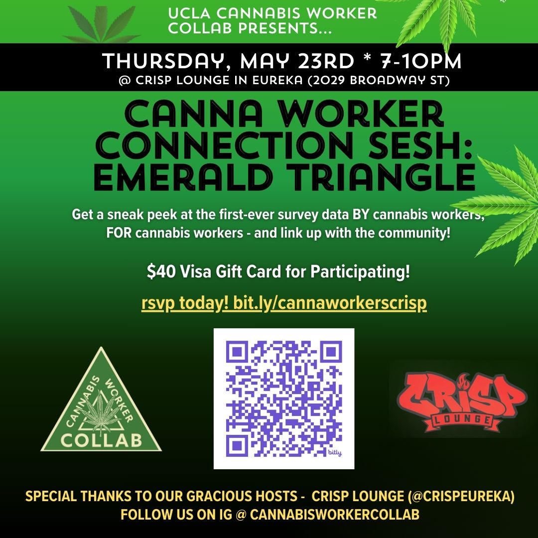 MAY 23 | This evening in Eureka - Cannabis community is invited to sesh &amp; learn about  data gathered from the #CaliforniaCannabisWorkerSurvey. Since 2022, worker &amp; equity organizations have been supporting this first-ever survey BY workers and FOR workers. Link in bio register!