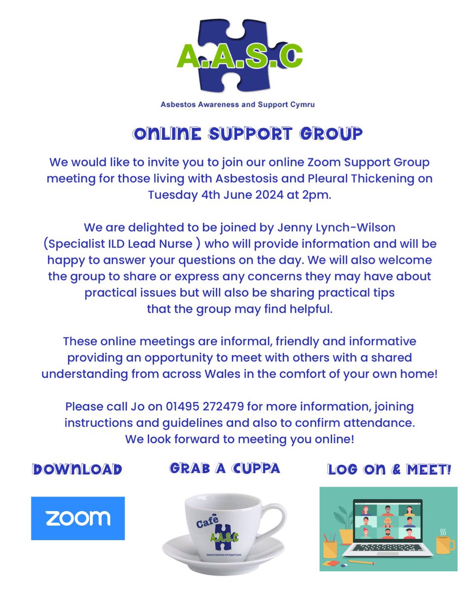 We look forward to welcoming #patients &amp; #carers affected by #asbestosis &amp;  #pleural thickening  to our online #Zoom #support group meeting on 4th June with <a href="/JennyLynchWils/">Jenny Lynch-Wilson</a> - informative, informal &amp; friendly - bringing families together with a shared understanding! Please share!