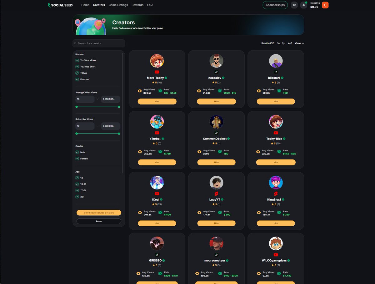 ✨ Introducing: Featured Creators

👆We've been closely monitoring all sponsorships done on our site and chose creators we've seen to be active, friendly, and provide great results for developers!

Check them out!
👉 socialseed.com/creators?showY…