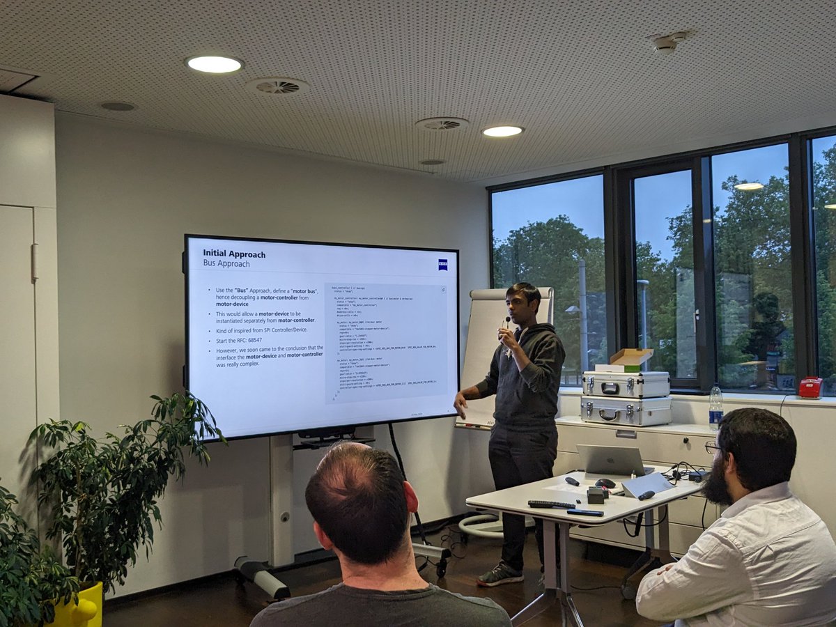 ZephyrIoT's tweet image. Live from #Zephyrproject meetup at @inovexgmbh, Karlsruhe, Germany. Jilay Pandya and Dipak Shetty, @ZEISSmeditec highlighting an ongoing motor controller api pull request and presenting how zephyr community helped in refining the API..