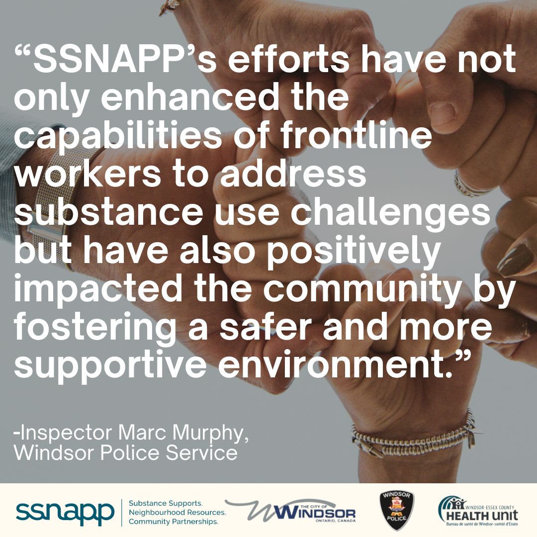 Help shape our neighbourhood safety plans
 
Substance Supports in Neighbourhoods Accessed through Police Partnerships (SSNAPP), our partnership with the <a href="/TheWECHU/">WEC Health Unit</a>  and the <a href="/CityWindsorON/">City of Windsor</a> , is entering its third year. To mark the occasion, we’re developing tailored neighbourhood