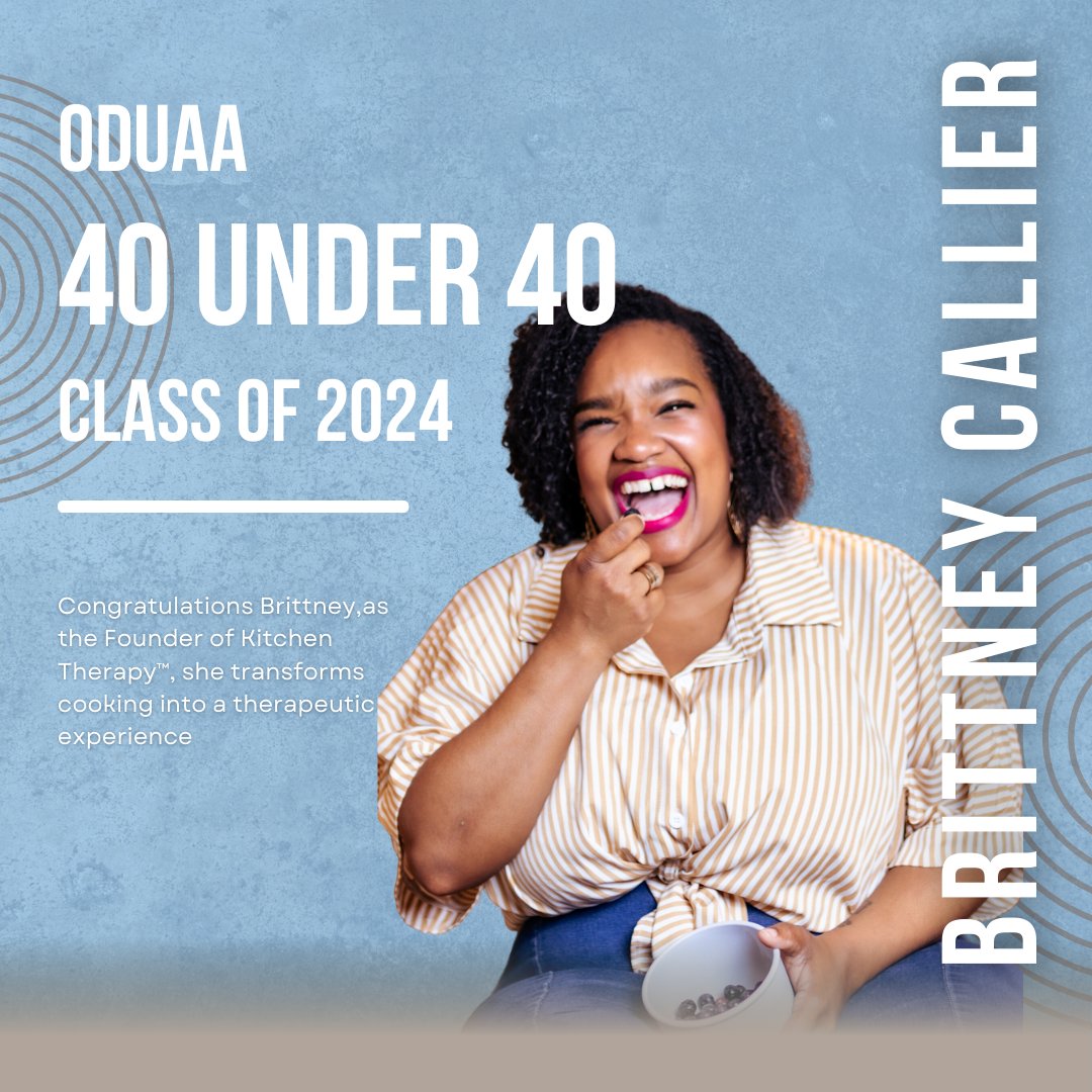 ODUAlumni's tweet photo. Honoring Brittney Callier ’11, an ODUAA 40 under 40 class of 2024 member! After 8 years with VA Social Services, she founded Pour and Stay Full® LLC and Kitchen Therapy™️, making cooking therapeutic. Brittney’s faith-driven impact is profound.  #40Under40 #CulinaryTherapy https://t.co/PodVuIHQSt