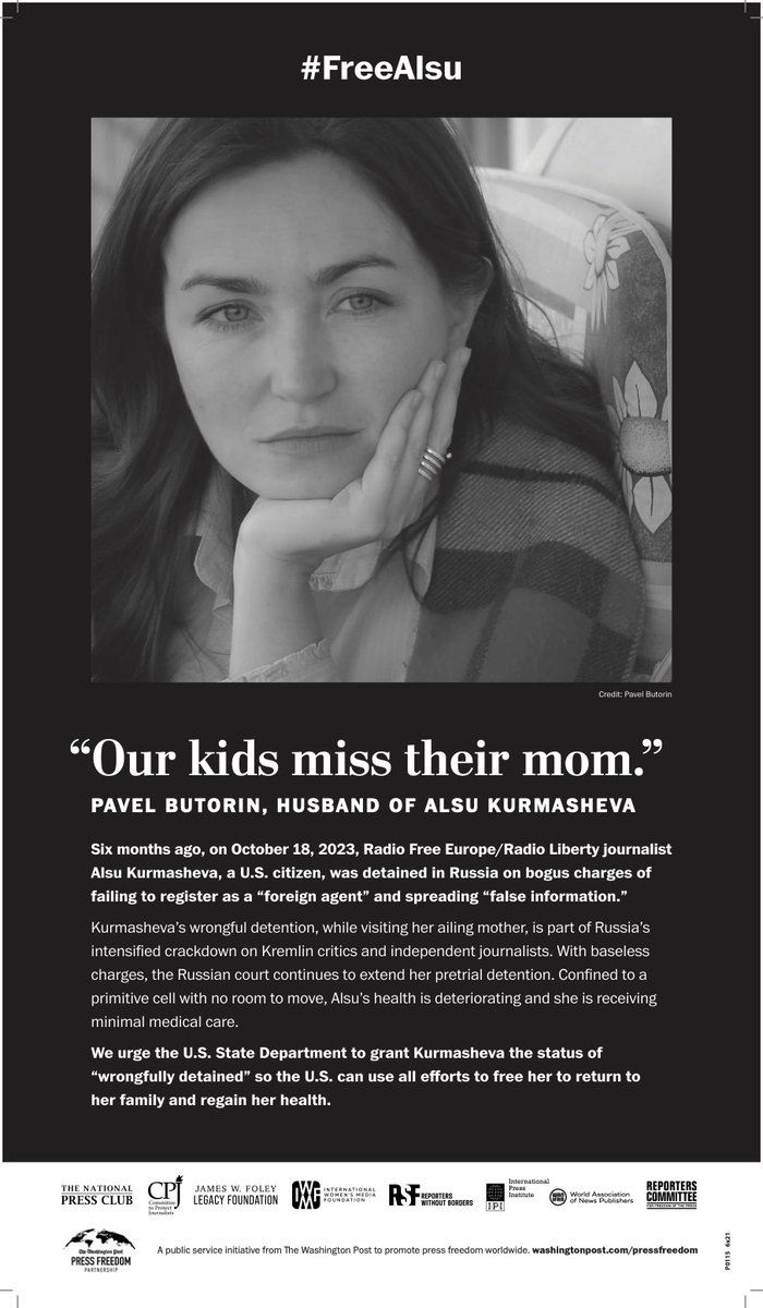 'Our kids miss their mom.” Alsu’s grim milestone of six months wrongfully held in a Russian prison was marked in the @washingtonpost, sponsored by @PressClubDC, @pressfreedom, @JamesFoleyFund, @IWMF, @globalfreemedia, @RSF_inter, @NewspaperWorld, and @rcfp.