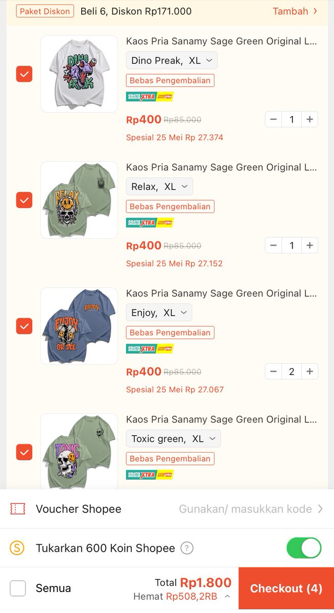 Sumpah ini gila banget sih! Malem malem gini jadi CO syupii gara gara lihat promo. Beli kaos 6, harganya jadi 400 perak doang 1 nya. Kalian wajib beli juga sih. Eh tapi ini beneran ga ya??? Semoga penjualnya amanah yaaa barang beneran dikirim. #zonauang #racunshopee #diskonshopee