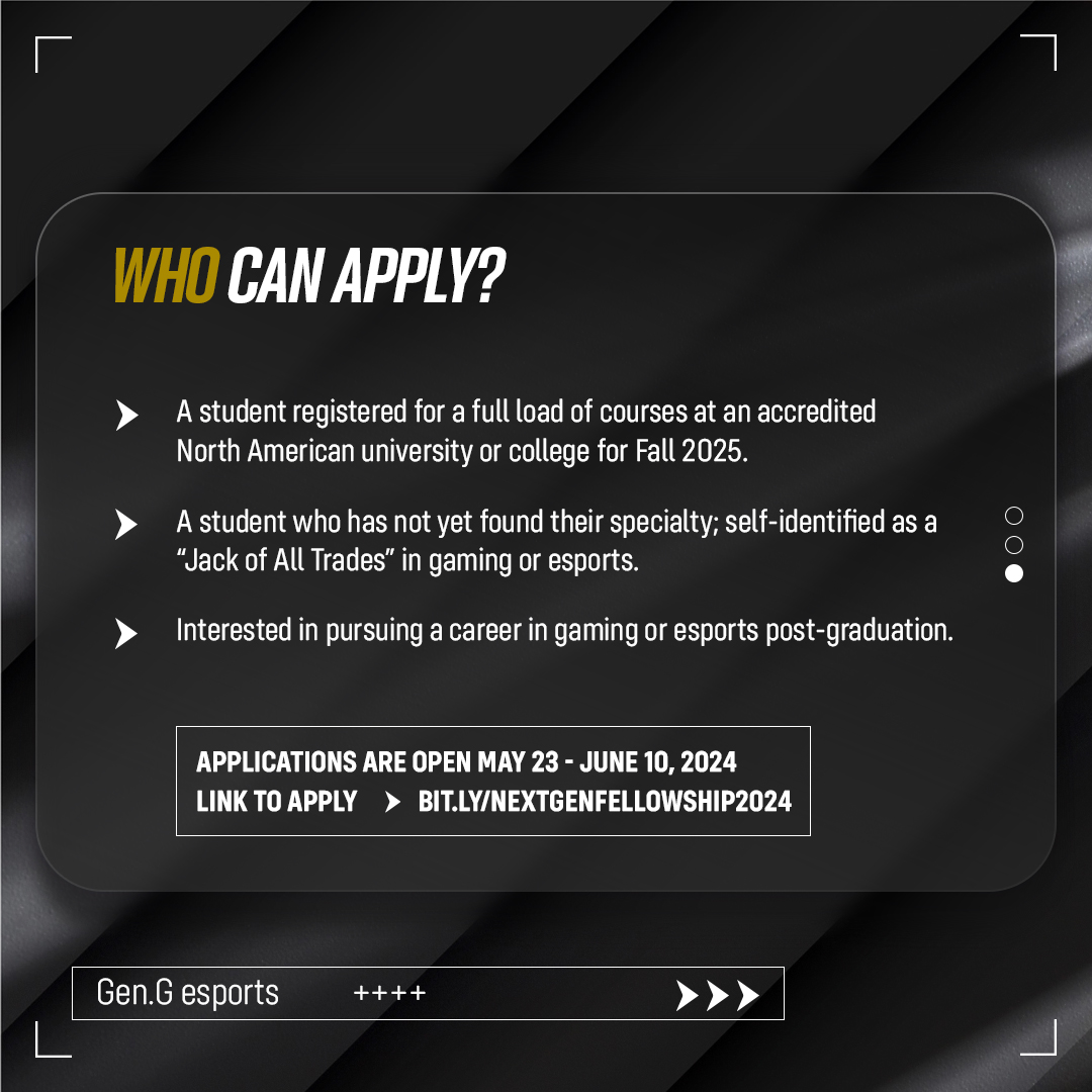 GenG's tweet photo. Gen.G is proud to introduce the NextGEN Fellowship! 🐯🎓

Looking to work in the esports industry post-graduation? Our 4-week remote shadowing program is now open for applications!

📚 https://t.co/mYDTwhXp97

#TigerNation #NextGENgg https://t.co/C0Ao8ArCkn