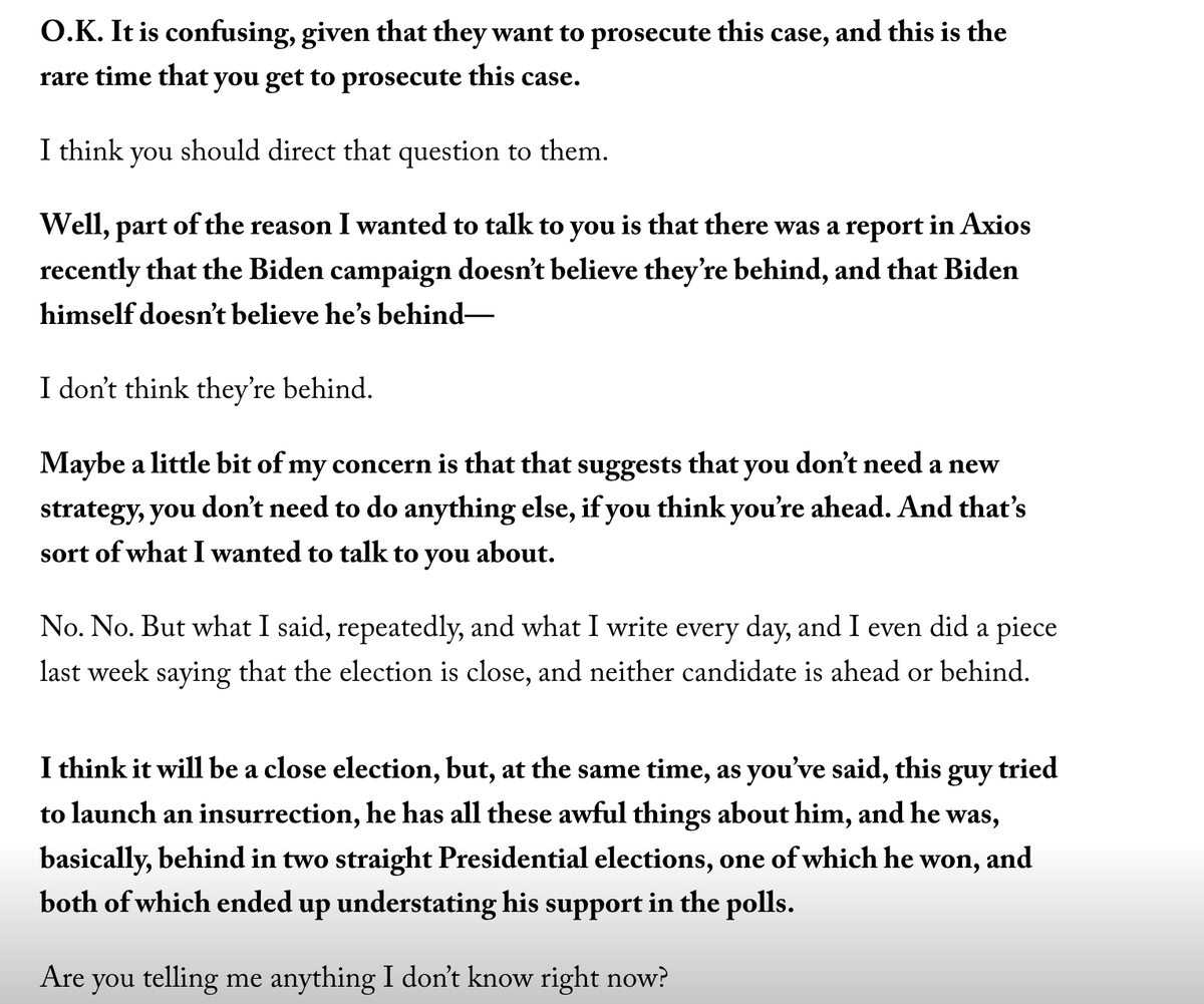 I have seen a host of disastrous interviews, but I think this one might take the cake as the most insane one of them all. And it is frustrating because there is actually a very decent case to be made for Biden that doesn't involve sticking your fingers in your ears and yelling.