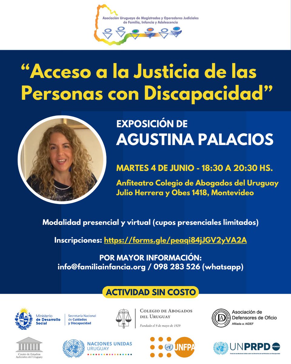 DiscapacidadUy's tweet photo. “Acceso a la Justicia de las Personas con Discapacidad”. Charla de la Dra. Agustina Palacios 🇦🇷

🗓️ 4 jun. 18:30 a 20:30 hs.

Actividad dirigida a operadores de justicia (jueces, abogados, fiscales, defensores) y estudiantes de Derecho.

✏️ Inscripciones: https://t.co/rnDkSZTBbK https://t.co/tlmTDD4JLQ