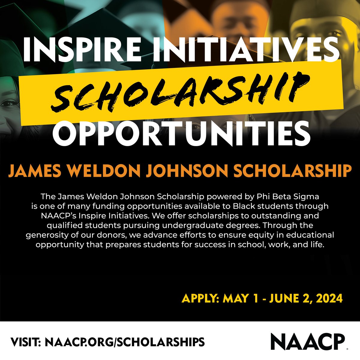 Thanks to our generous donors, we have a range of scholarships designed to support Black students and students of color who are pursuing undergraduate or graduate school.

Learn more about the requirements and apply soon: naacp.org/scholarships

📅 Deadline: June 2