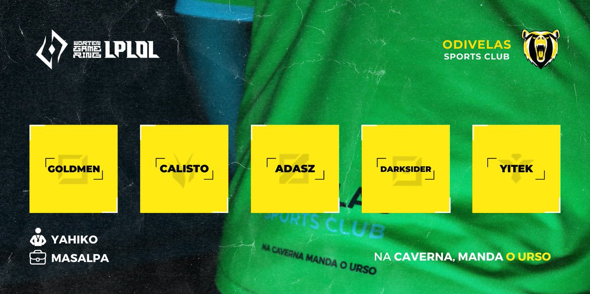 So it begins today, and once again we are here to fight for the <a href="/lplol_pt/">LPLOL</a> 

Our team of legends for this Summer Split :
🔝 <a href="/GoldmenLoL/">Goldmen</a> 
☘️ <a href="/calisto10_/">Calisto</a> 
🧙‍♂️ <a href="/Adasz0nion/">Adasz</a> 
🏹  Darksider
🩹 Yitek

Coach:
👔 <a href="/YahikooLoL/">Vitor Moreira</a> 
Team Manager: 
👔 Masalpa