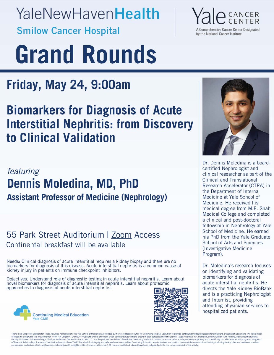 Join us tomorrow at 9am as Dr. Dennis Moledina @dmoledina presents our #GrandRounds on 'Biomarkers for Diagnosis of Acute Interstitial #Nephritis: from Discovery to Clinical Validation.' We hope to see you in-person at Smilow Auditorium or online via Zoom.