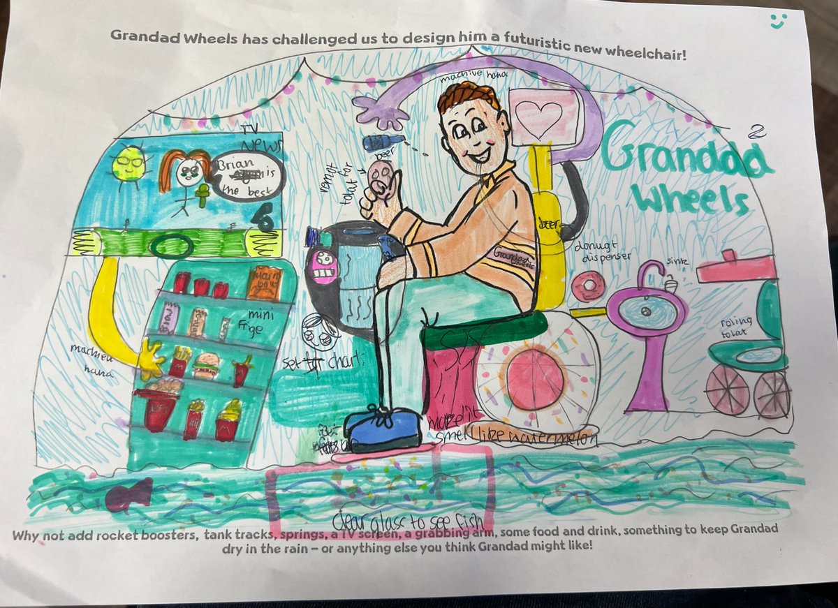 Another interesting wheelchair design from @Woodley_Primary Brilliantly drawn food & drink (inc KFC) & a rolling toilet. And the whole thing is on water with a glass bottom so I can watch the fish. Not forgetting the beer and doughnuts of course! @spinalinjuries @backuptrust