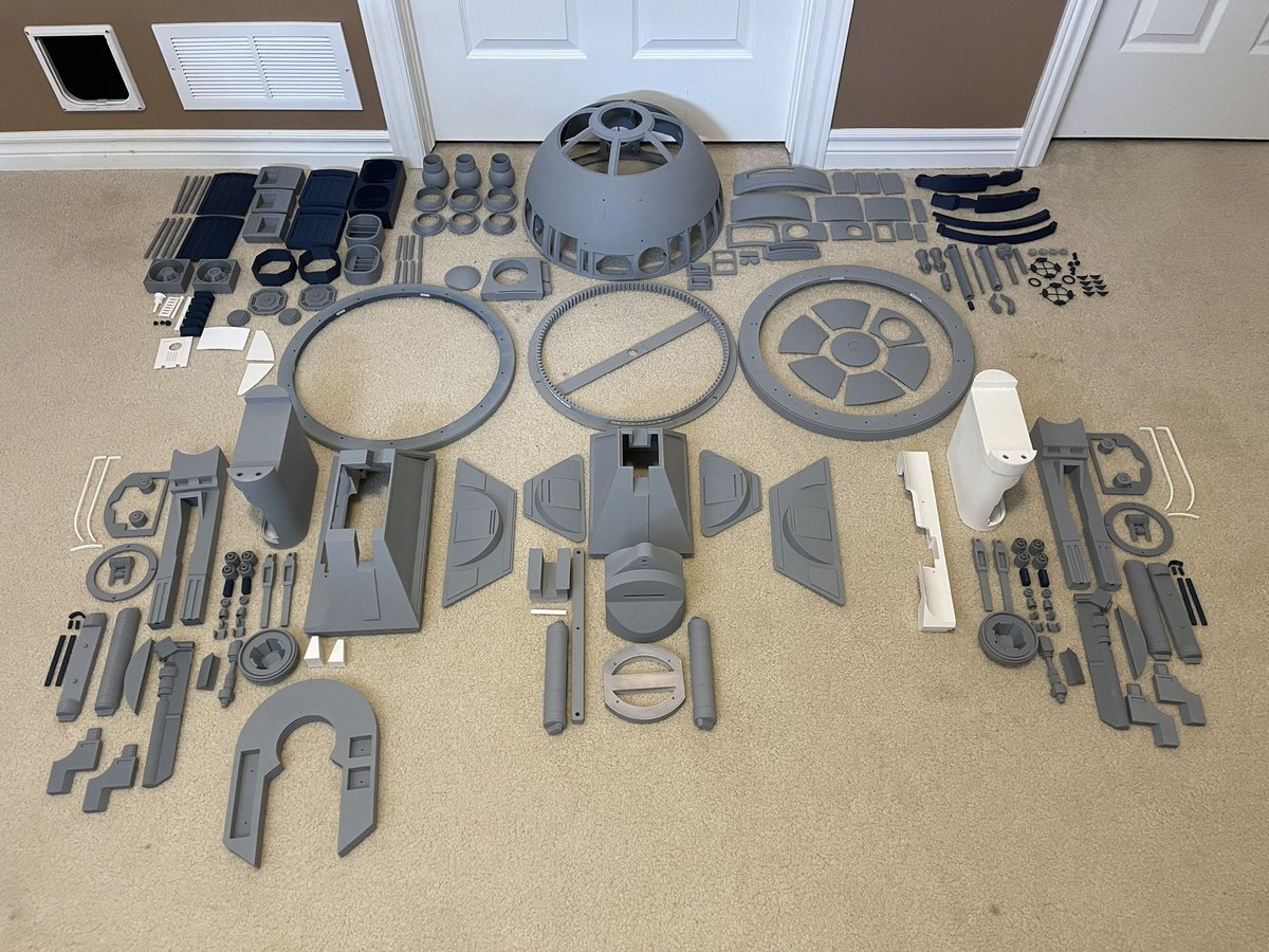 MattWilsonWorks's tweet photo. 270 out of 600+ parts printed on my R2 project due May 4th, 2025. @BambulabGlobal P1S printer handling without fail. John Salt from https://t.co/MXrin1GClk was right about paint and filament being the most expensive part of this project ! @GreatHobbies @CanadianTire https://t.co/szBAJsBKTK