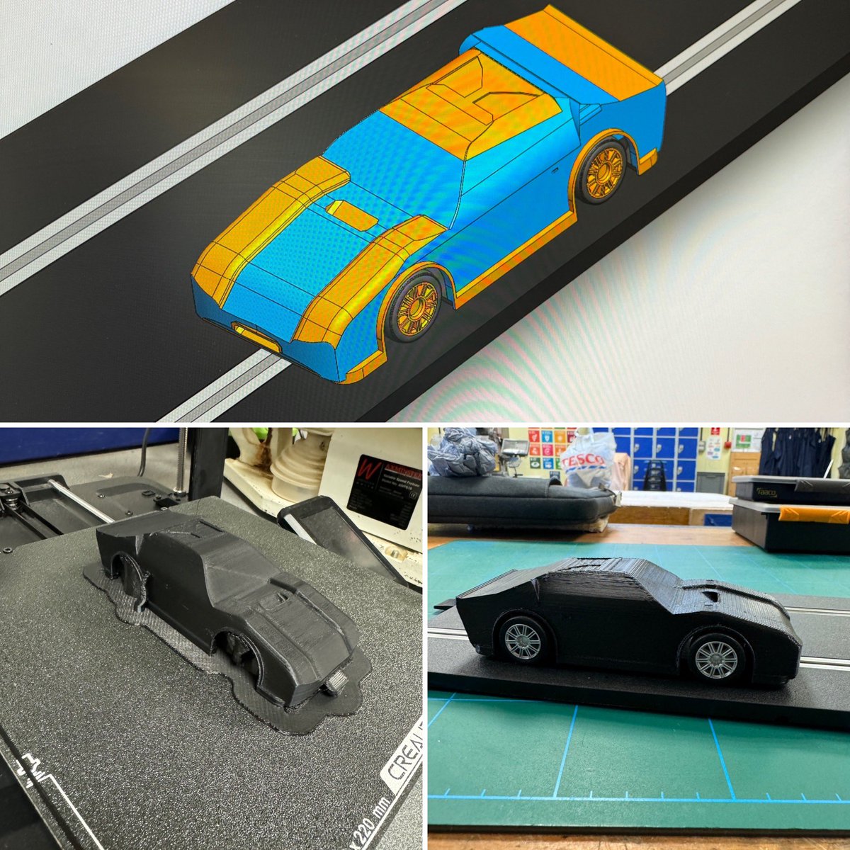 MrLaneDT's tweet photo. One finished #scalextric car, the group today were on track testing using the wind tunnel. @Scalextric4Sch #engineering #crealityender3v3ke @SOLIDWORKSedu https://t.co/nyUtMAs9LT