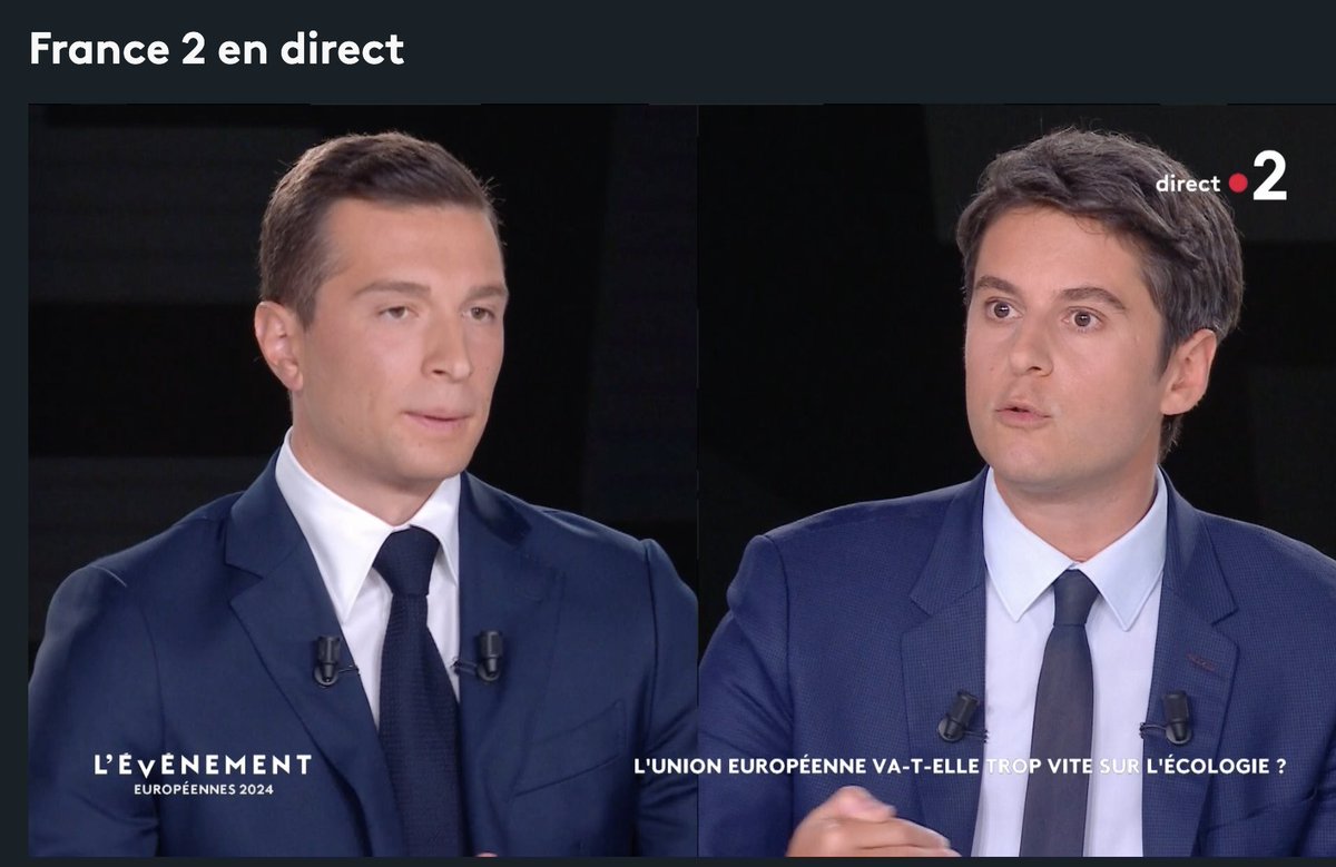 tcabarrus's tweet photo. "Heureusement que Madame Le Pen n'a pas été élue à la Présidentielle!"
Gabriel Attal: "Je ne suis pas comme vous au Rassemblement national: on ne dit" pas "on est contre tout" et quand dix ans plus tard on s'aperçoit qu'on s'est trompés, on change de pied... Pourquoi est-ce que vous avez changé d'avis sur tous ces sujets, sur le nucléaire par exemple, sur l'Euro, sur l'Europe, sur le Frexit?
Pas de réponse de Jordan Bardella.
"Heureusement que Madame Le Pen n'a pas été élue à la Présidentielle, car on serait sortis de l'euro, et on serait sortis de l'Europe!"