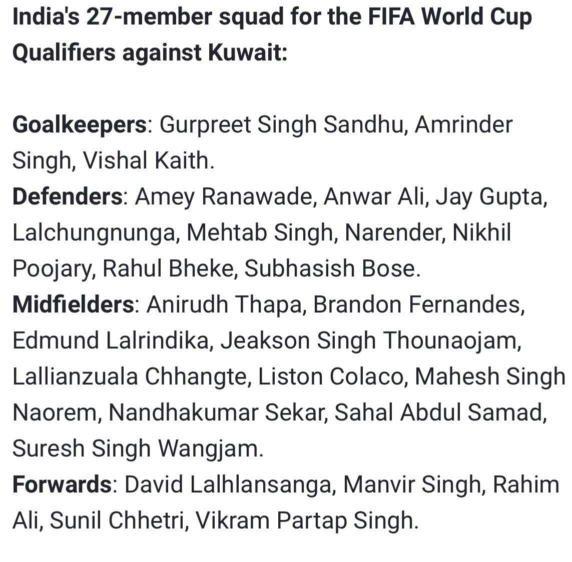 🚨 | OFFICIAL ✅ : Igor Stimac names 27 member NT squad for the FIFA WCQ match against Kuwait and Qatar. 2 I-League players make it to the final list🔥👏🏻 #IndianFootball