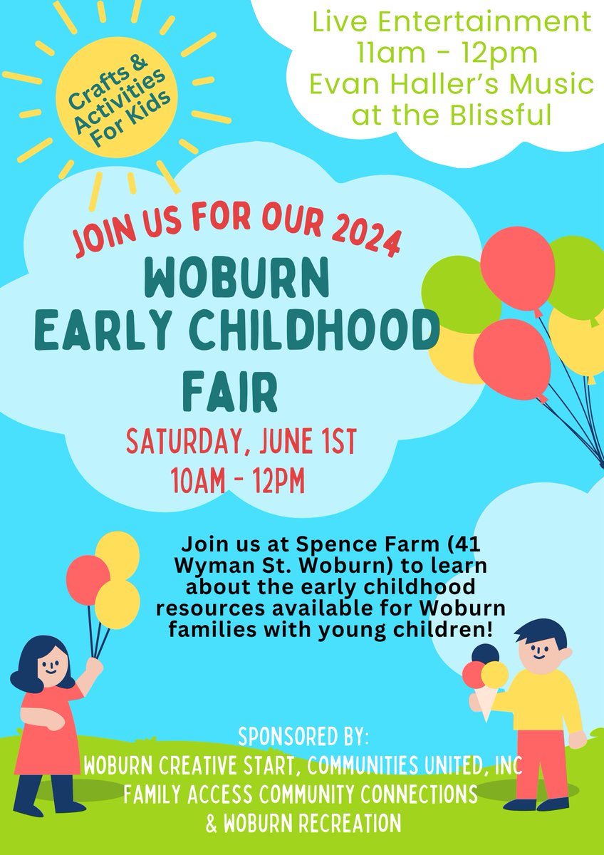 Woburnrec's tweet photo. Early Childhood Fair on Saturday, June 2nd from 10am - 12pm at Spence Farm (41 Wyman St)  We will also have a live entertainment with Evan Haller's Music at the Blissful from 11am - 12pm.  Come learn about the early childhood resources available for families with young children. https://t.co/dnxEtnw0fO