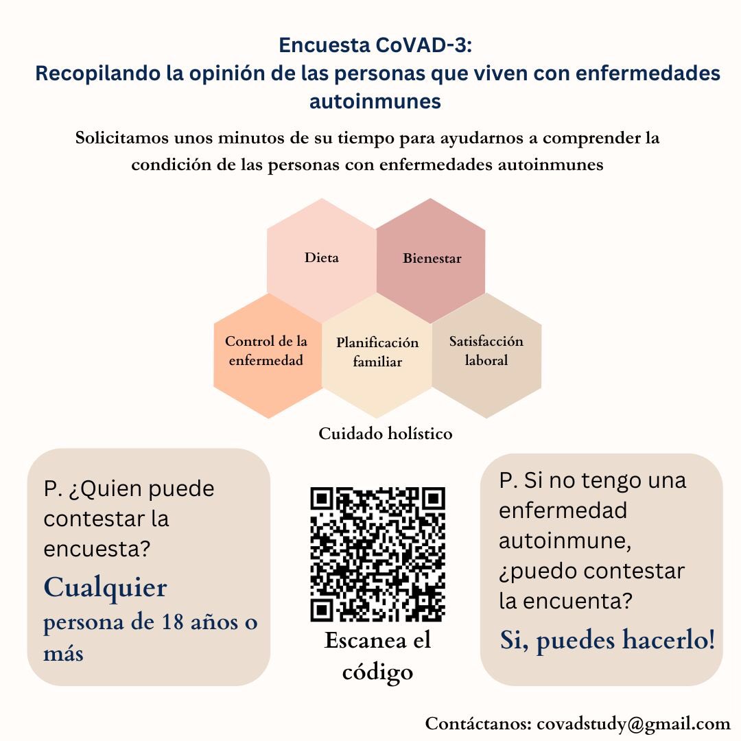 Abraham E. Gracia R. (@abraham_rmi) on Twitter photo 🚨 La encuesta CoVAD-3 ya está está disponible en español!
Todos pueden participar, pero en especial, las personas con enfermedades autoinmunes.
Queremos su opinión sobre distintos aspectos de su condición de vida.
Participa!
Link: surveymonkey.com/r/TV6JF75?lang… 🚨 La encuesta CoVAD-3 ya está está disponible en español!
Todos pueden participar, pero en especial, las personas con enfermedades autoinmunes.
Queremos su opinión sobre distintos aspectos de su condición de vida.
Participa!
Link: surveymonkey.com/r/TV6JF75?lang…