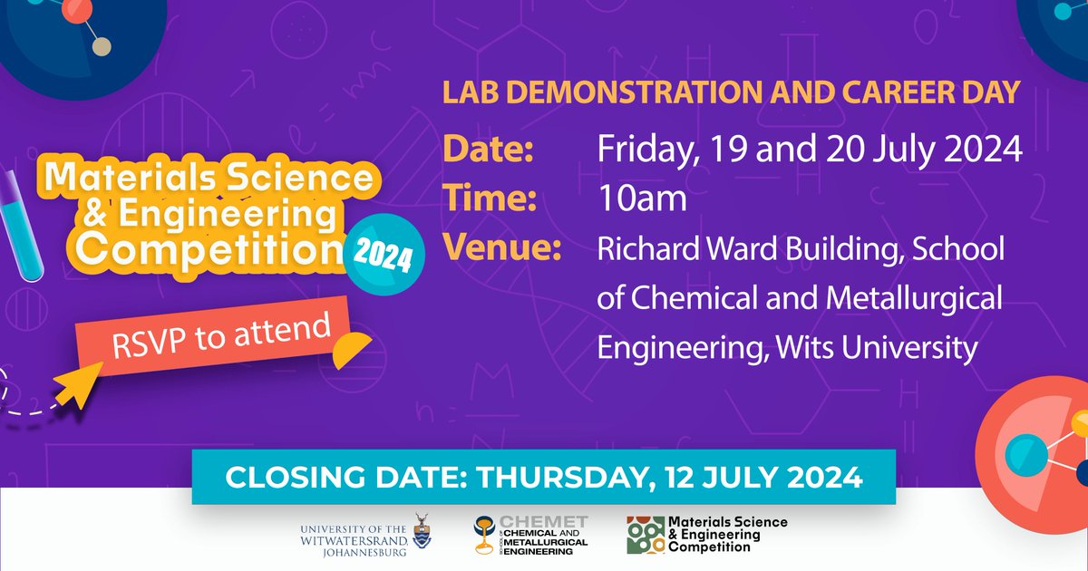 Mark your calendars🗓️📷 Join us

<a href="/WitsCHMT/">Wits CHMT</a>
for our annual Materials Science &amp; Engineering lab demo and career day for high school students from across #Gauteng who are interested in Material science and Engineering.
Learn more &amp; RSVP - bit.ly/46g1sVe