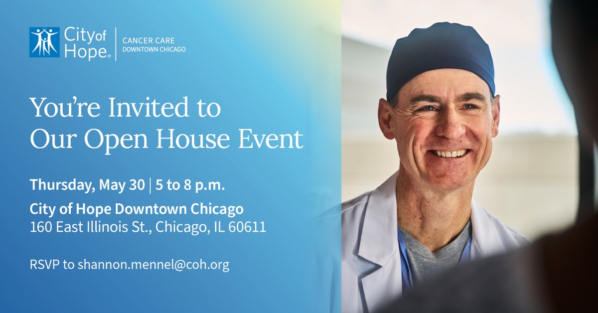 We’re celebrating City of Hope’s expansion into downtown Chicago with an open house event. Join us on Thursday, May 30, before the @ASCO Annual Meeting! R.S.V.P. to Shannon.mennel@coh.org. #ASCO24