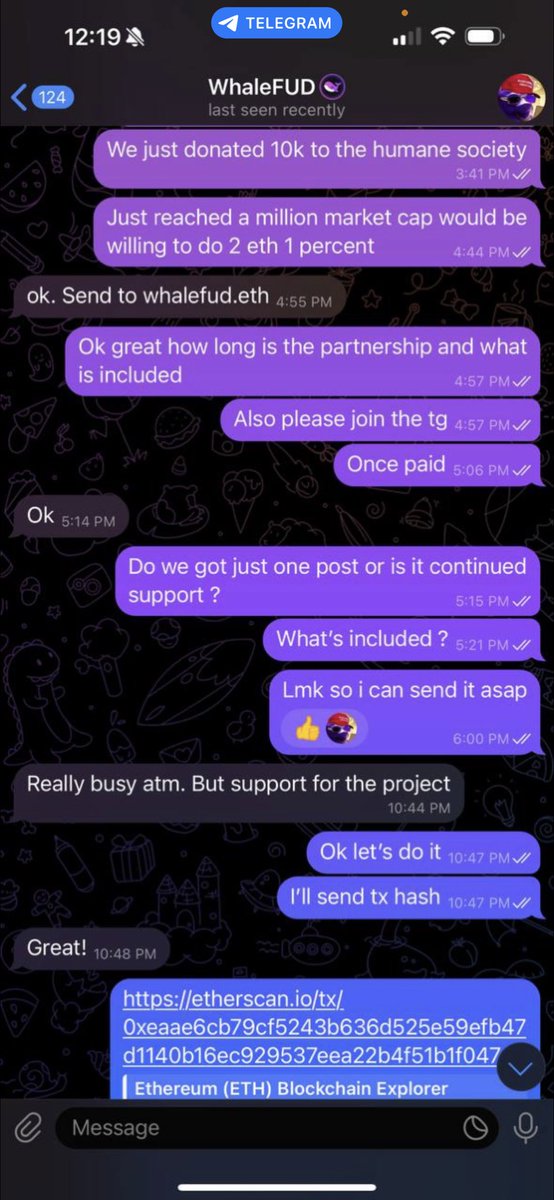 rescue_eth's tweet photo. So I guess the secret got out that we got scammed by @WhaleFUD which caused a massive delay in marketing, distrust in the community, and a huge hit to not only our mw, but our token supply.

Instead of exposing him we allowed our selves to be fudded, called farmers, scammers and tried our best to do damage control as the team is simultaneously is losing our own money as well.

We’ve received a lot of requests to stop taking the high road and to expose him. We didn’t want to do this but saying you’ll support a project then calling them irrelevant in your “support post” is disgusting. Scamming, deceiving, and manipulating a charity is disgusting as well.

This is for our community. You asked for it. @WhaleFUD