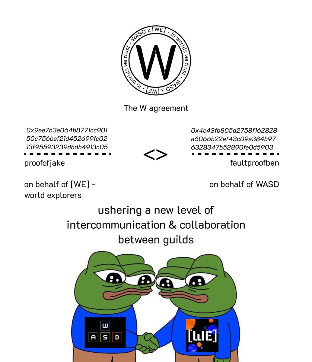 WASD_0x's tweet photo. ANNOUNCING THE SIGNATURE OF THE W AGREEMENT BETWEEN @WASD_0x &amp; @awexplorers 🤝

Paving a new age of inter-guild relationships, the W agreement attempts to be a cornerstone of what guilds can build together, spanning across different worlds &amp; networks

Read on to learn more:

👇 https://t.co/EgrYAVNoWs