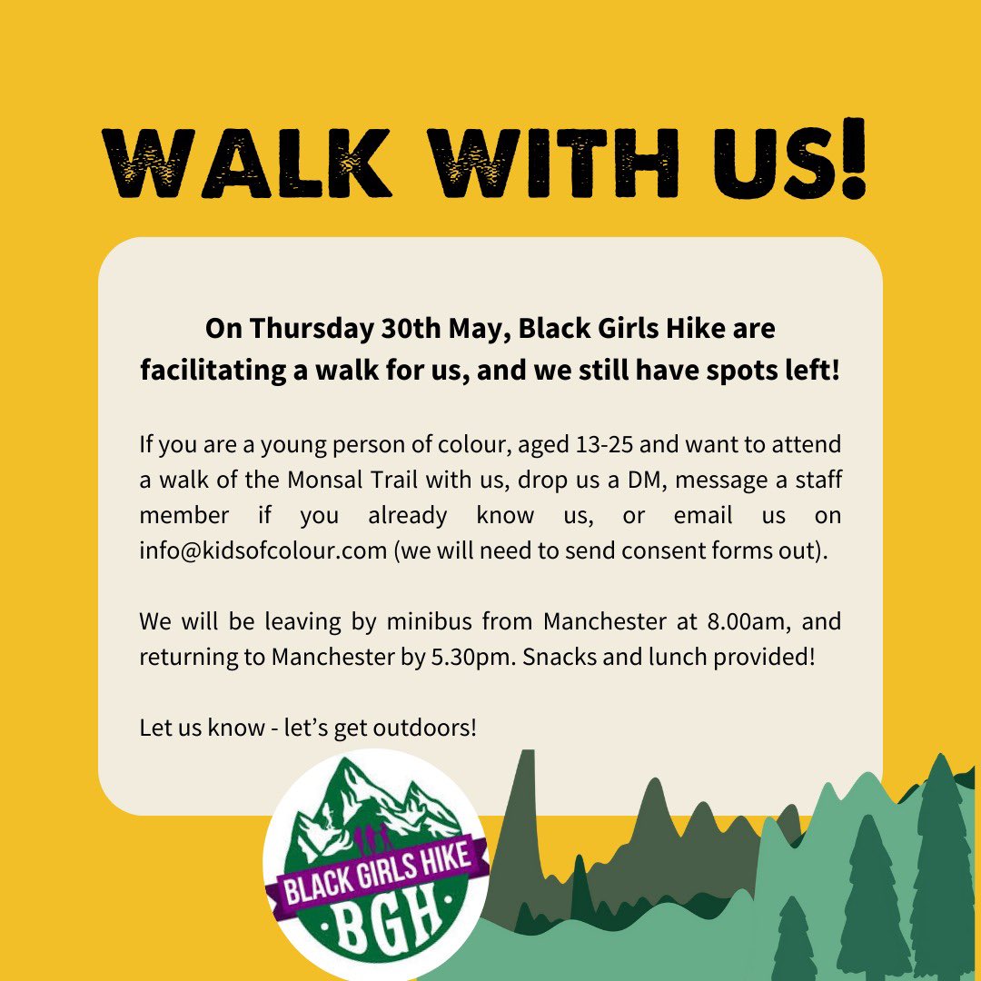 🥾 WALK WITH US 🥾 On Thursday 30th May, @UkBgh are facilitating a walk for us, and we still have spots left! If you are a young person of colour, aged 13-25 and want to attend a walk of the Monsal Trail with us, drop us a DM, message a staff member if you already know us, or