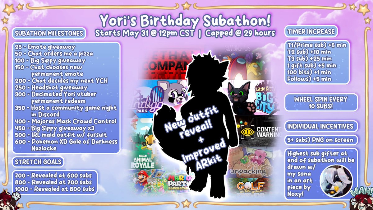 🎉 It's time for my first capped subathon!! 🎉 NEXT FRIDAY @ 12pm CST we're celebrating my birthday 🎂 with friends, games, fun wheel spins & milestones! 🎉 I'm also revealing a new outfit & some improvements to my ARkit~ 👀 Can't wait to see all you lovely beans there! 💙