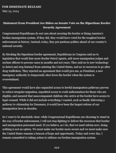 .@POTUS: 'Congressional Republicans do not care about securing the border or fixing America’s broken immigration system.'