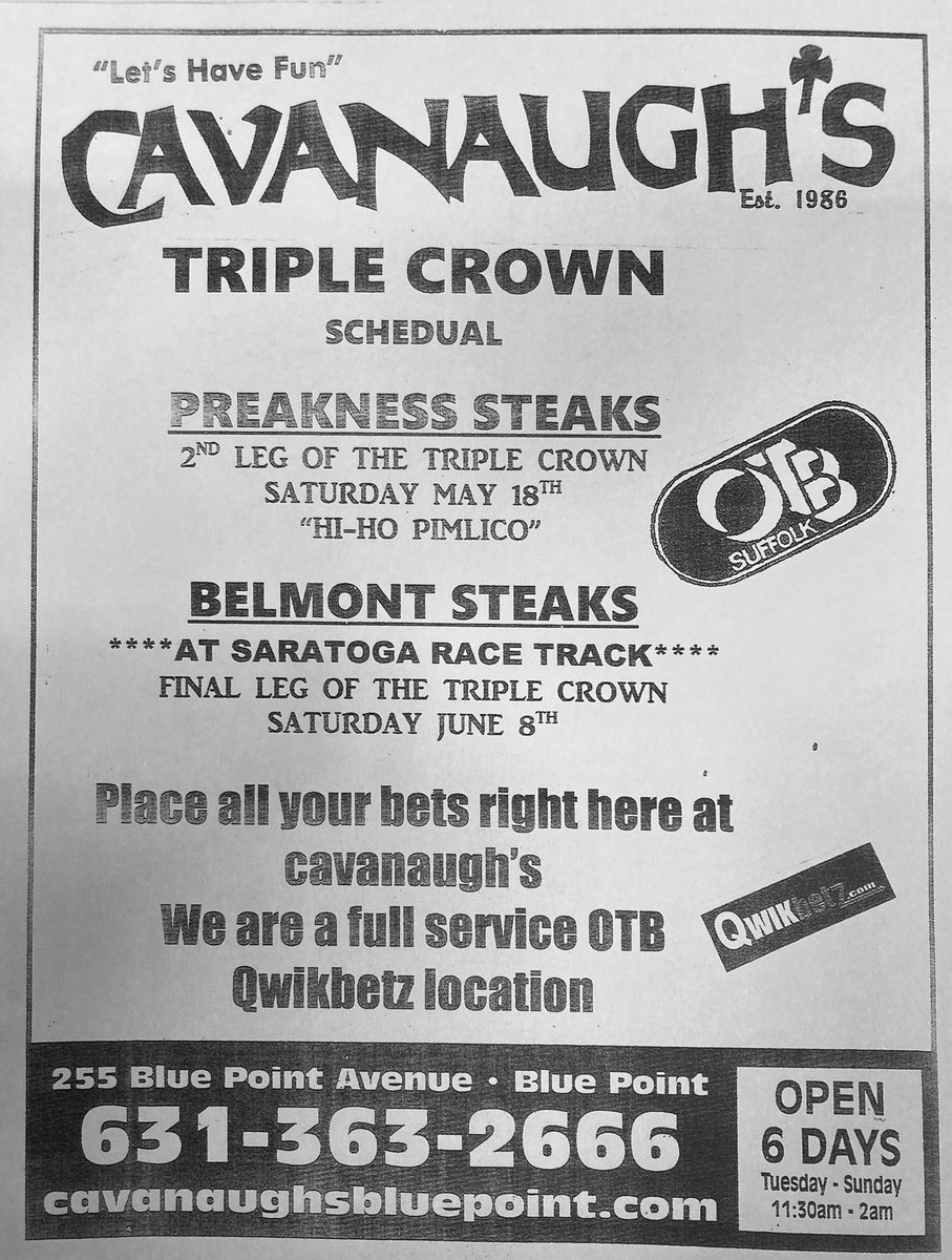 CavanaughsPub's tweet photo. Thursday Night Dinner Specials, Kitchen Open Till 9:30pm. Belmont Stakes Saturday June 8th. #bayport #beerofthemonth #bluepoint #cavanaughs #Stellapints #Belmontstakes #patchogue #Qwikbet #wings https://t.co/EKcSzWNwY2