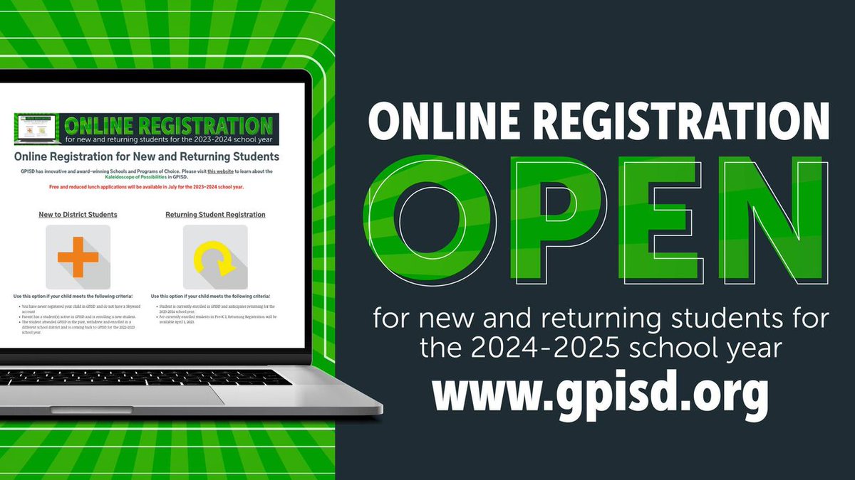 Grand Prairie ISD student registration is open for the 2024-2025 school year! Families with current students who are returning next school year can register now. Students new to the district can enroll using the New Student Open Enrollment module. gpisd.org/registration