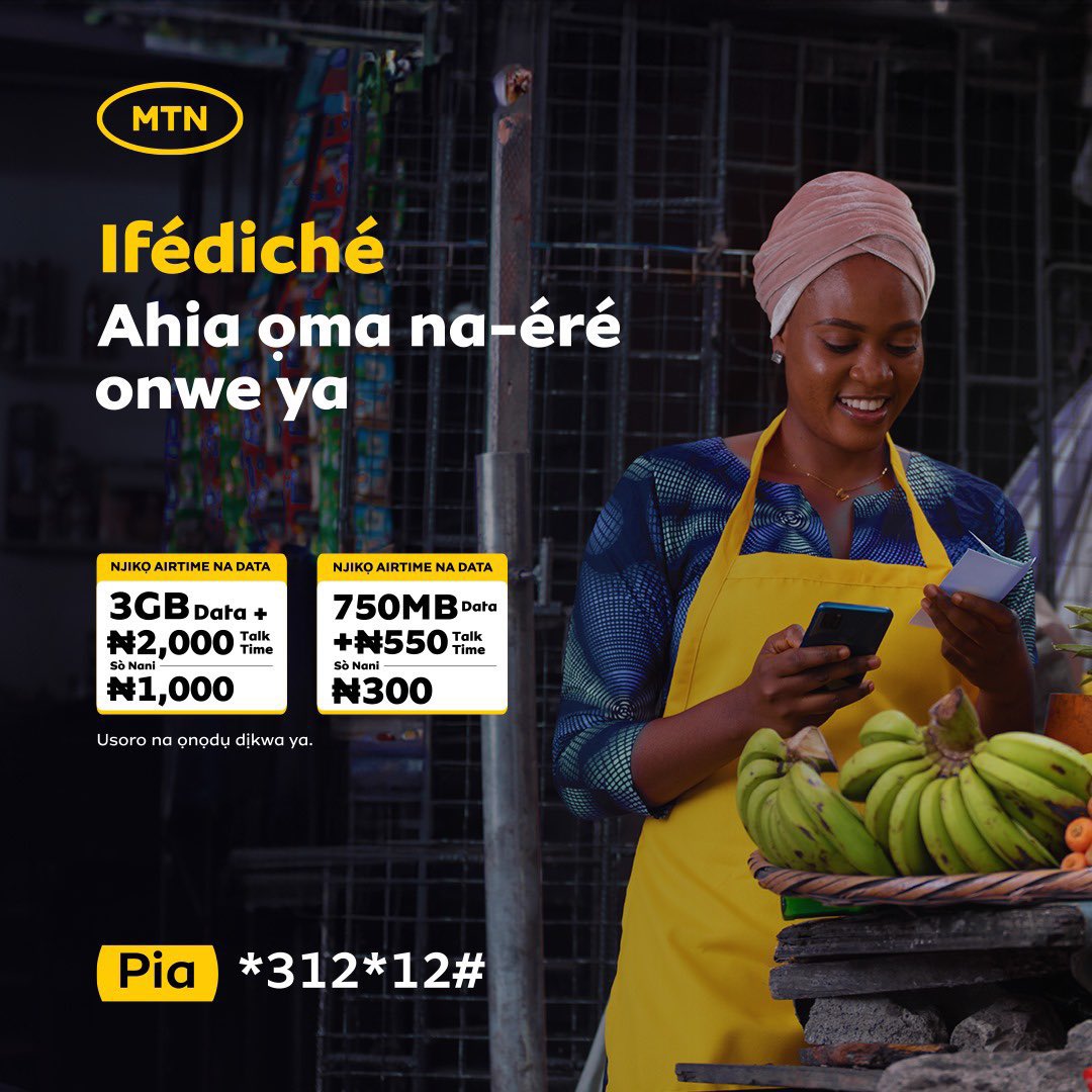 Join the #MTNIfediche family and enjoy more data and airtime when you recharge with just 300naira Dial *312*12# to get started